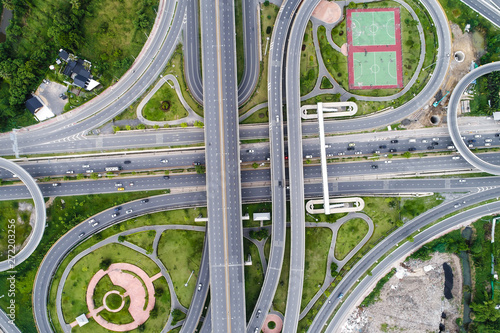 Aerial view transport junction road with satadium green park
