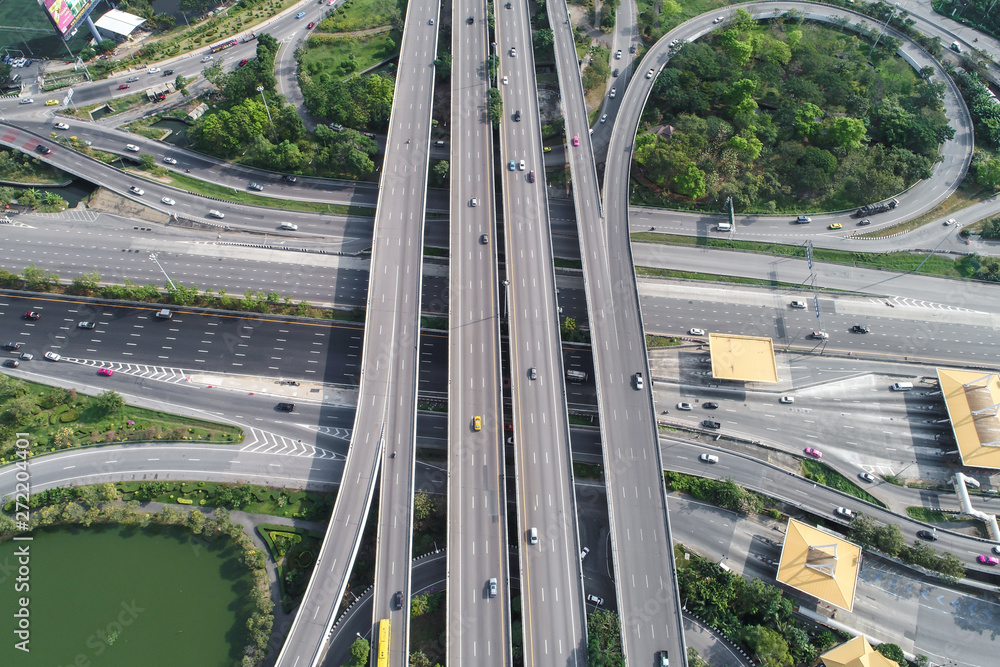 Aerial view city transport expressway road with tollway