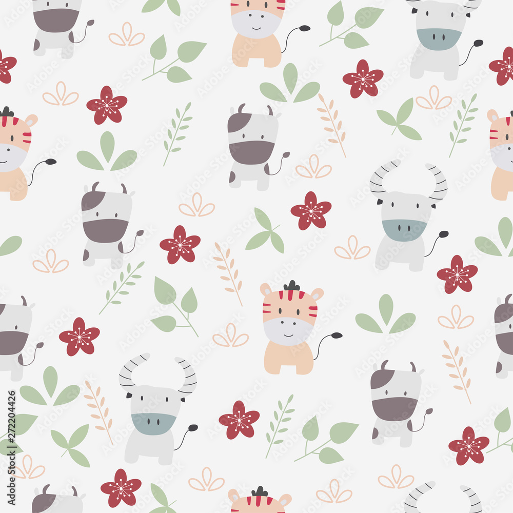 Cute cartoon seamless pattern animal with leaf and flower on white color background.vector,illustration. Cute cartoon seamless pattern animal with leaf and flower on white color background.vector,illustration.