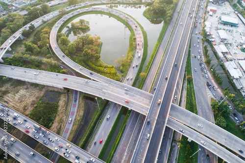 Aerial view junction transoport circular road with vehicle movement