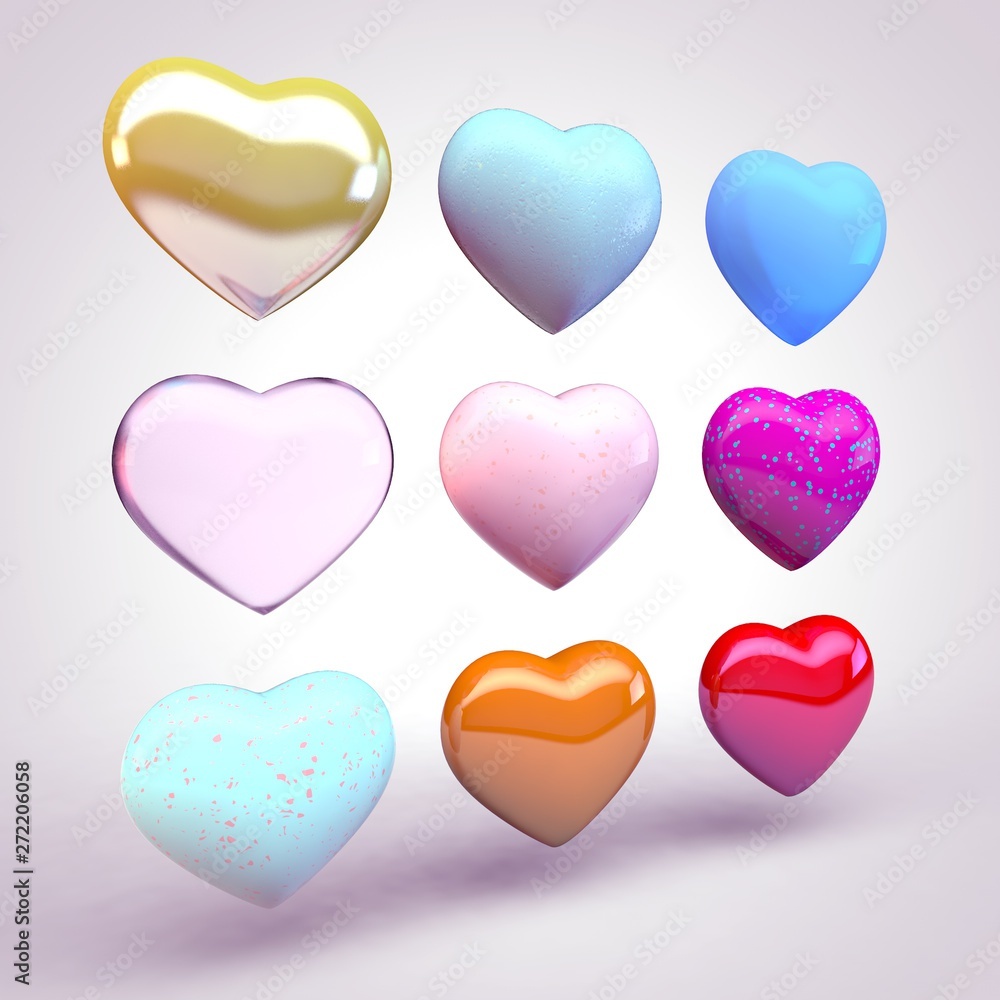 Set of multicolored hearts with different textures.