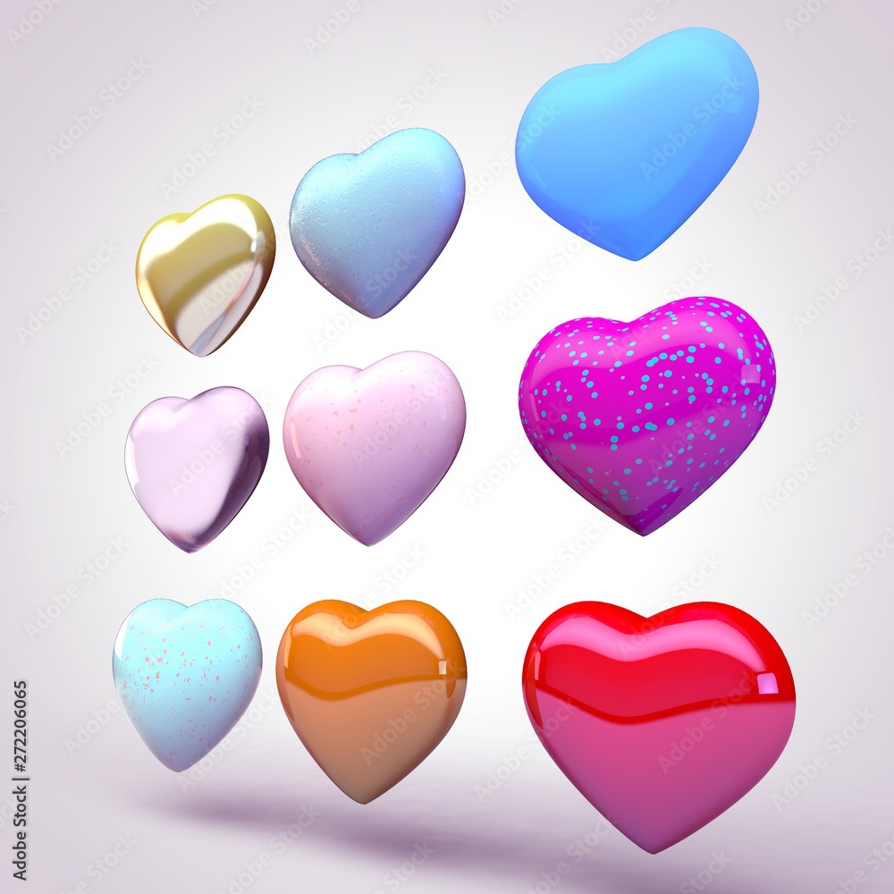 Set of multicolored hearts with different textures.
