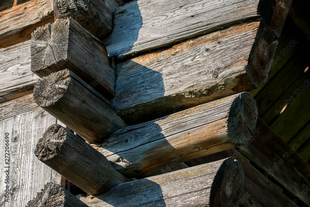 Old traditional wood barn beams and joints close up shot . Stock Photo