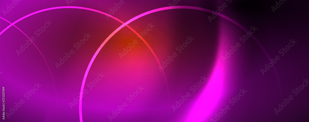 Bright neon circles and wave lines, glowing shiny background design template, digital techno concept. Bright neon circles and wave lines, glowing shiny background design template, digital techno concept.