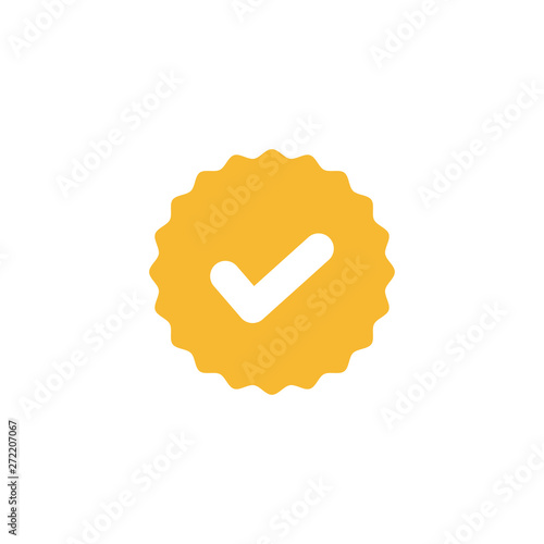 Check mark, white tick in yellow circle sign. Valid seal icon vector illustration on white background
