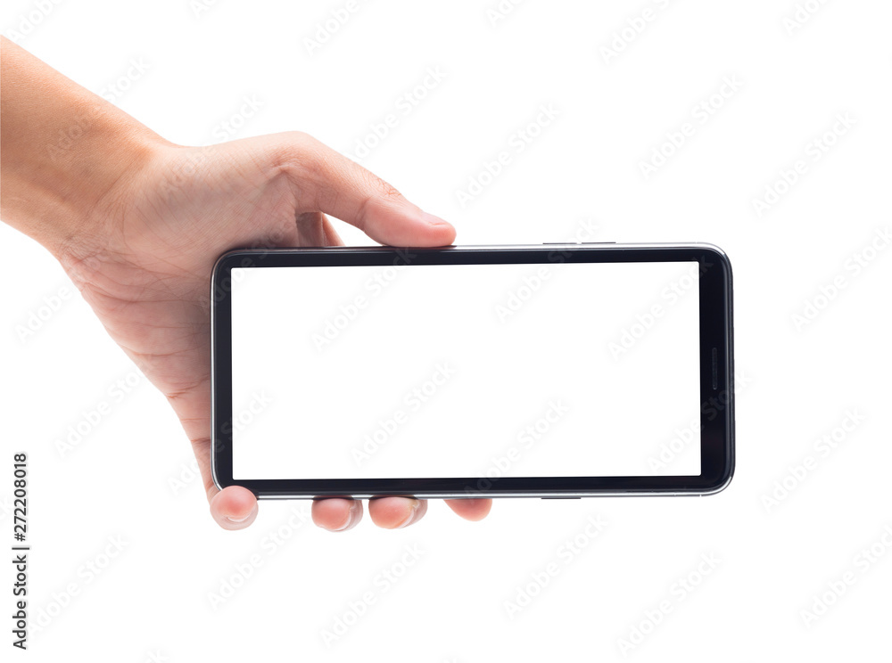 Woman hand holding the black smartphone with blank screen isolated on white background with clipping path. Woman hand holding the black smartphone with blank screen isolated on white background with clipping path.