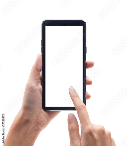 Woman hand holding the black smartphone and touching on blank screen isolated on white background with clipping path.