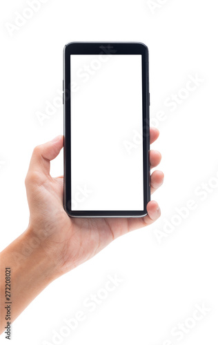 Woman hand holding the black smartphone with blank screen isolated on white background with clipping path.