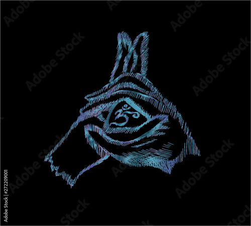 Gradient illustration of the hand folded in mudra. Ohm between the palms.