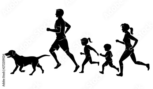 Family Jogging Together with Pet Dog Silhouette