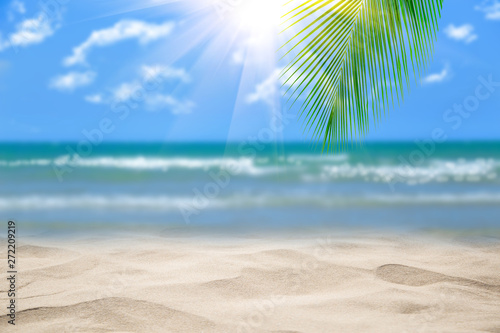 Beach with blurry blue ocean and sky,palm tree background ,Summer Concept .