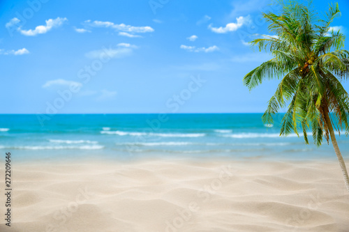 Fototapeta Naklejka Na Ścianę i Meble -  Beach with blurry blue ocean and sky,palm tree background ,Summer Concept .