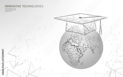 E-learning distance graduate certificate program concept. Low poly 3D render graduation cap on planet Earth World map banner template. Internet education course degree vector illustration