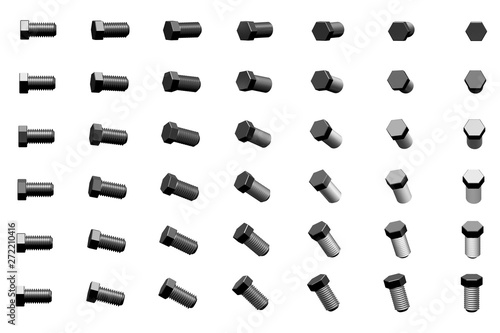 big amount of grey, metallic clinchers rotated by different angles isolated on white - creative industrial 3D illustration, image for designer using