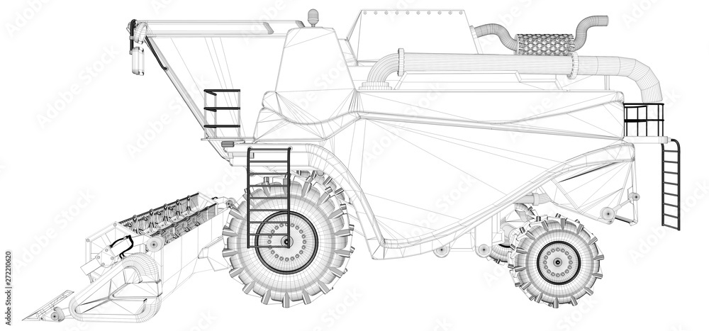 Industrial 3D illustration of thin contoured, detailed 3D model of wheat harvester isolated on white, farm vehicle research concept