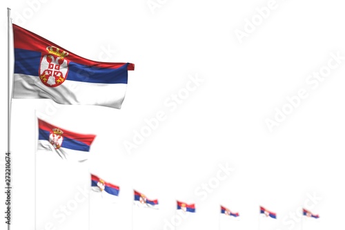 beautiful celebration flag 3d illustration. - Serbia isolated flags placed diagonal, illustration with selective focus and space for your content