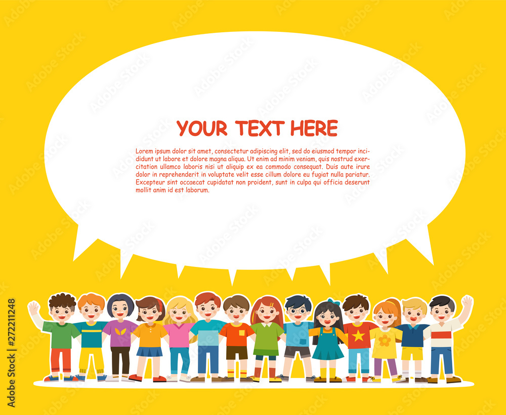 Back to School. Group of smiling boys and girls. Happy student standing together and waving hands. Isolated on white background. Template for advertising brochure. Children look up with interest. Back to School. Group of smiling boys and girls. Happy student standing together and waving hands. Isolated on white background. Template for advertising brochure. Children look up with interest.