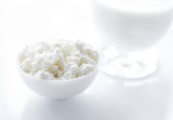 Bottle of milk, cottage cheese in white bowl  at white background