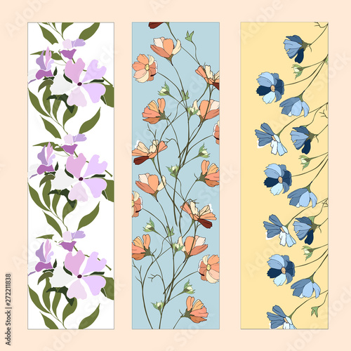 A set of floral bookmarks, flyers with pink and white flowers for layout, corporate identity and design. Flat style vector illustration.