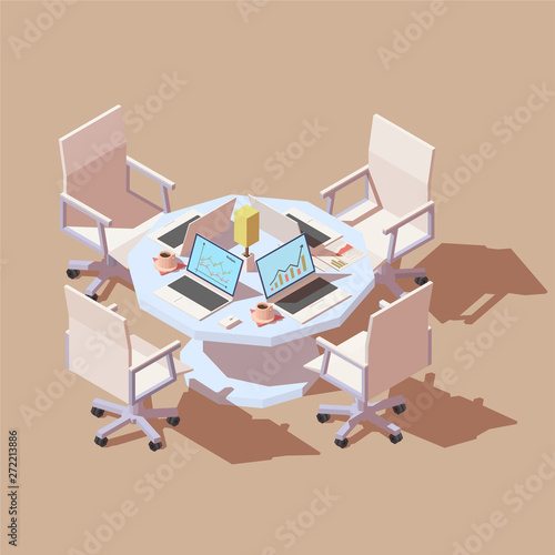 Team work concept. Project management, financial report strategy or business analysis. Isometric vector illustration isolated on brown background.