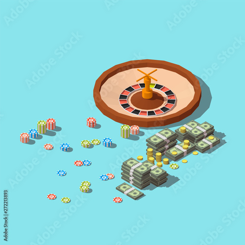 Vector isometric casino concept. Casino gaming app icon. Illustration with roulette and casino chips