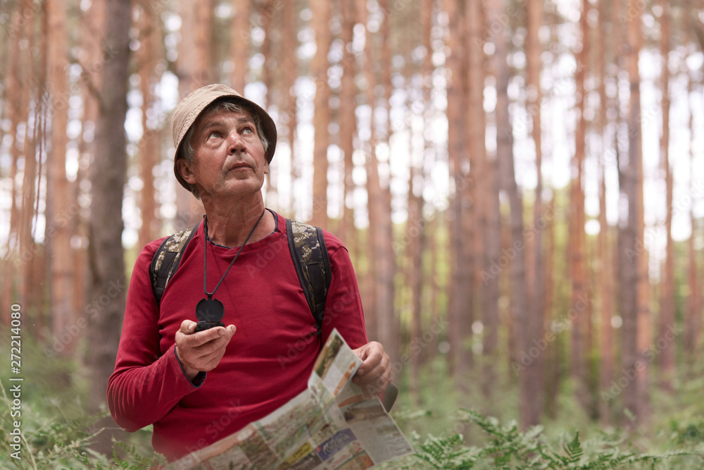 Close up shot of eldery man hiking and looking up at sky, using map and compass for direction for trip in forest, traveling around world, having adventure in wood, enjoying his active vacation. Close up shot of eldery man hiking and looking up at sky, using map and compass for direction for trip in forest, traveling around world, having adventure in wood, enjoying his active vacation.