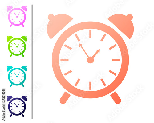 Coral Alarm clock icon isolated on white background. Wake up, get up concept. Time sign. Set icon in color buttons. Vector Illustration