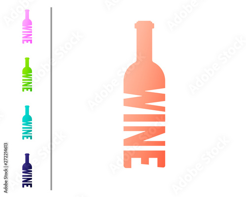 Coral Bottle of wine icon isolated on white background. Lettering bottle of wine. Set icon in color buttons. Vector Illustration
