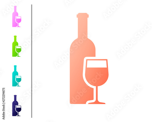 Coral Wine bottle with wine glass icon isolated on white background. Set icon in color buttons. Vector Illustration