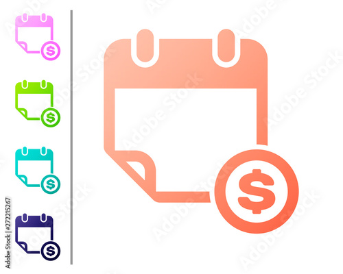 Coral Financial calendar icon isolated on white background. Annual payment day, monthly budget planning, fixed period concept, loan duration. Set color icons. Vector Illustration