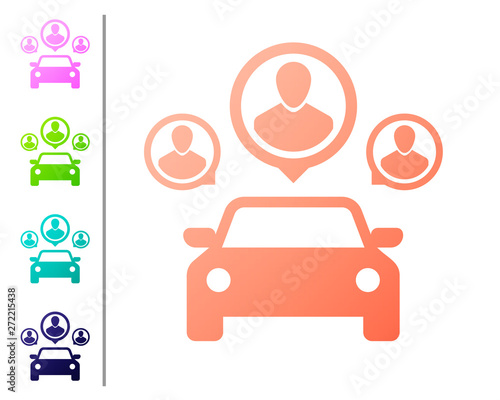 Coral Car sharing with group of people icon isolated on white background. Carsharing sign. Transport renting service concept. Set color icons. Vector Illustration