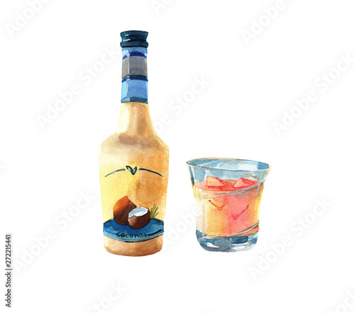 Bottle of liquor. Glass of liquor. coffee beans. Watercolor illustration isolated on white background.