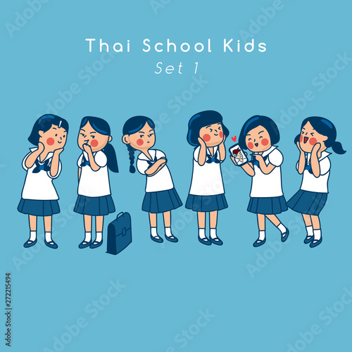 Group of Thai secondary school kids isolated on background : Vector Illustration