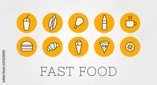 Set of outline illustration or icons for a fast food restaurant on a dark background. Burger, chicken, hot dog, French fries, ice cream, drinks, pizza.