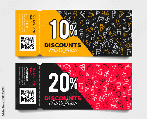 Discount tear-off coupons with barcode fast food template design with linear pattern of food and drinks