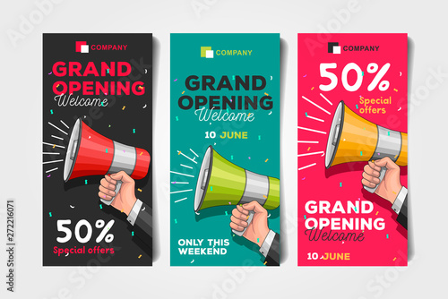 Grand Opening flyer templates with megaphone illustration and discounts