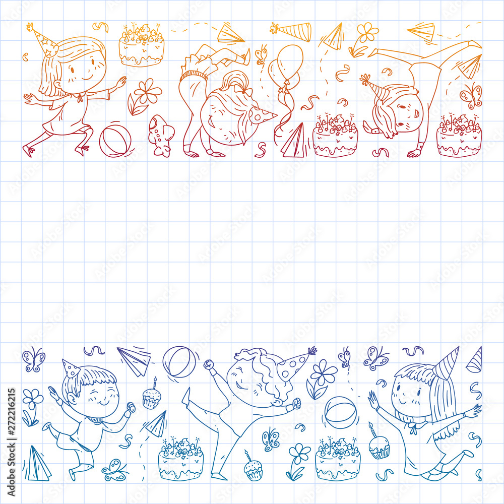 Vector illustration in cartoon style, active company of playful preschool kids jumping, at a party, birthday. Gradient draving squared notebook. Vector illustration in cartoon style, active company of playful preschool kids jumping, at a party, birthday. Gradient draving squared notebook.