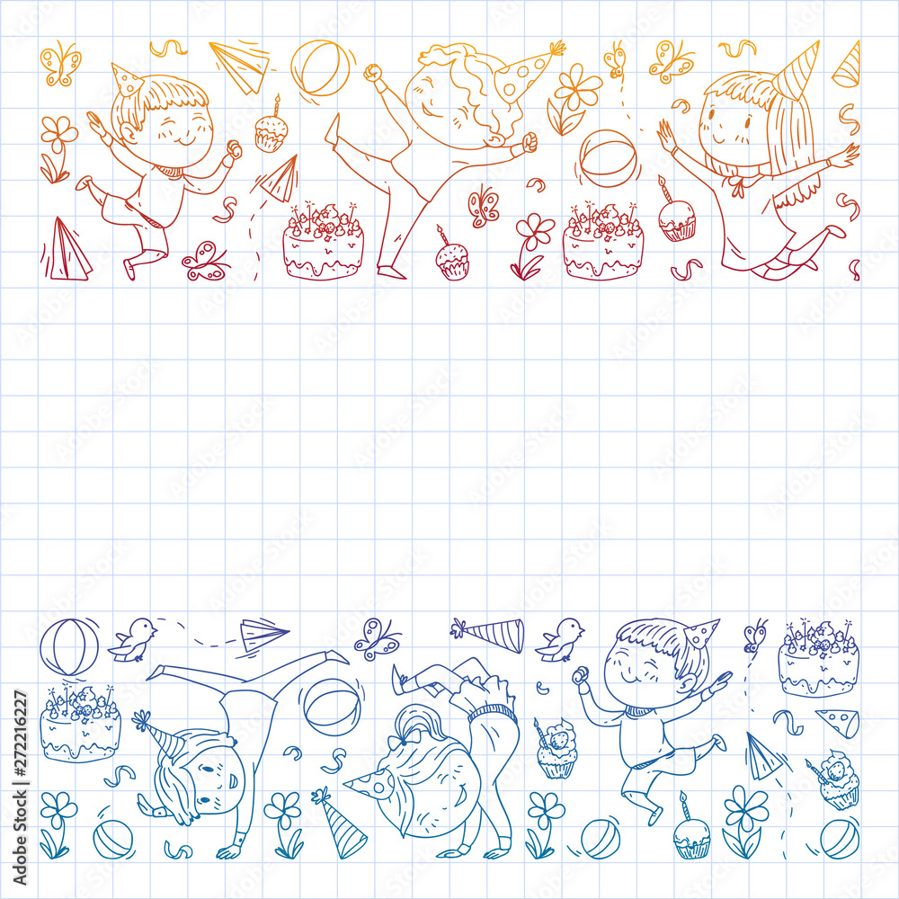 Vector illustration in cartoon style, active company of playful preschool kids jumping, at a party, birthday. Gradient draving squared notebook. Vector illustration in cartoon style, active company of playful preschool kids jumping, at a party, birthday. Gradient draving squared notebook.