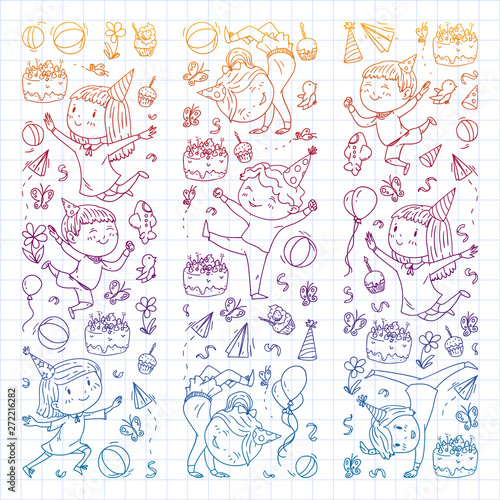 Vector illustration in cartoon style, active company of playful preschool kids jumping, at a party, birthday. Gradient draving squared notebook.