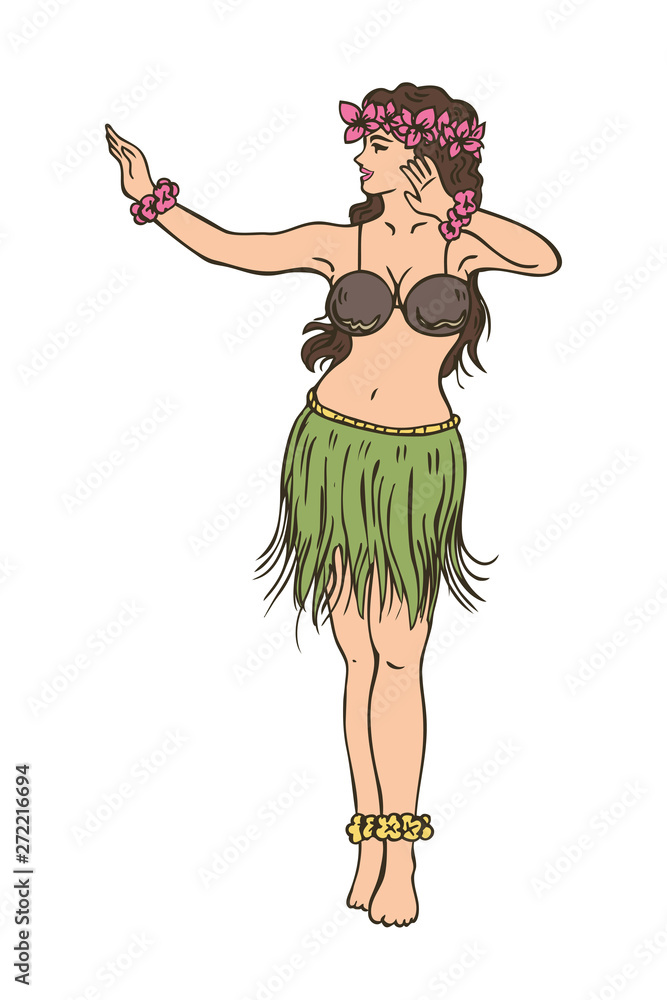 Illustration of a Hula girl dancing isolated on white background, Vector Illustration of a Hula girl dancing isolated on white background, Vector