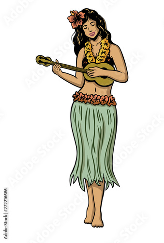 Illustration of a Hula girl dancing isolated on white background, Vector