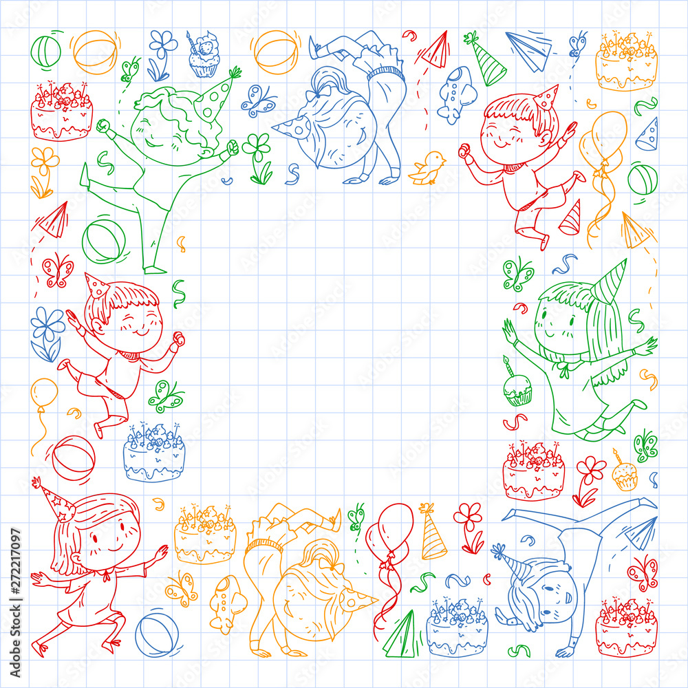 Vector illustration in cartoon style, active company of playful preschool kids jumping, at a party, birthday. colorful draving squared notebook.