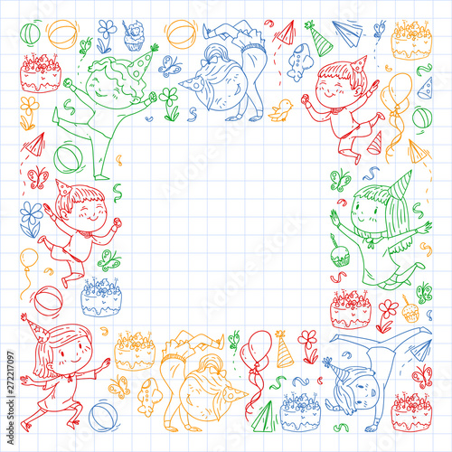 Vector illustration in cartoon style, active company of playful preschool kids jumping, at a party, birthday. colorful draving squared notebook.