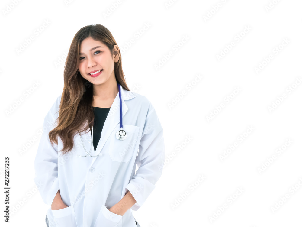 Asian female good professional doctor smile and confident with stethoscope isolated on white background Asian female good professional doctor smile and confident with stethoscope isolated on white background