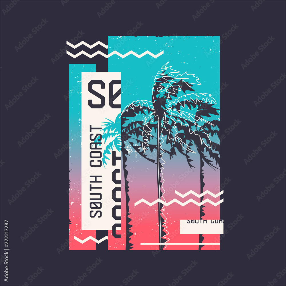South coast. Graphic t-shirt design on the topic of summer, holidays, beach, seacost, tropics.