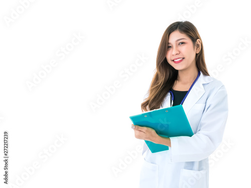 Professional young Asian doctor woman smiling with stethoscope and hold insurance folder for health care isolated on white background © MergeIdea