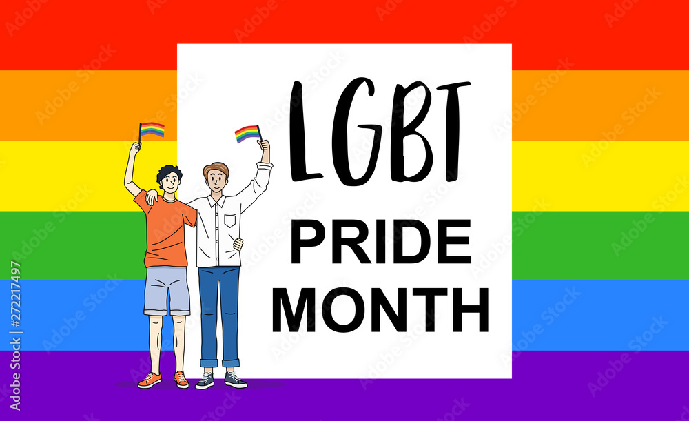 Illustration of gay couple holding rainbow flags. Illustration of gay couple holding rainbow flags.