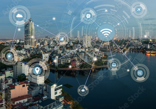 Smart city and wireless communication network concept. Digital network connection lines of Hanoi city at West Lake