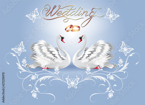 Decorative card with two swans and luxurious ornament and golden rings for invitations or congratulations with wedding or engagement with caligraphic inscription