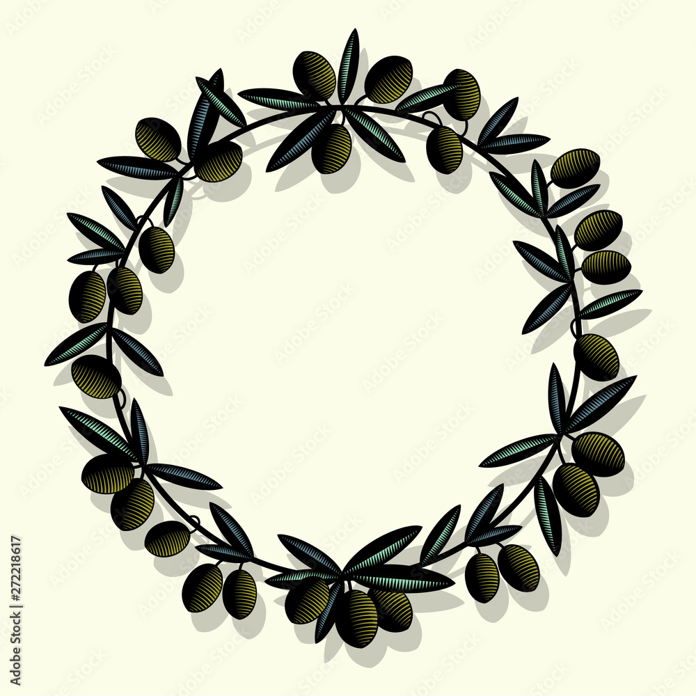 Obraz premium Green Olives Wreath for Label. Olives with leaves in a circle. Engraving style Illustration. 